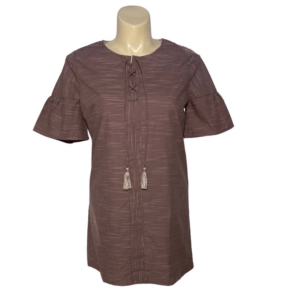 Talori L‎ Dress Shift Mauve Off White Pin Stripe Lace Up Tassle Front Flare Sl